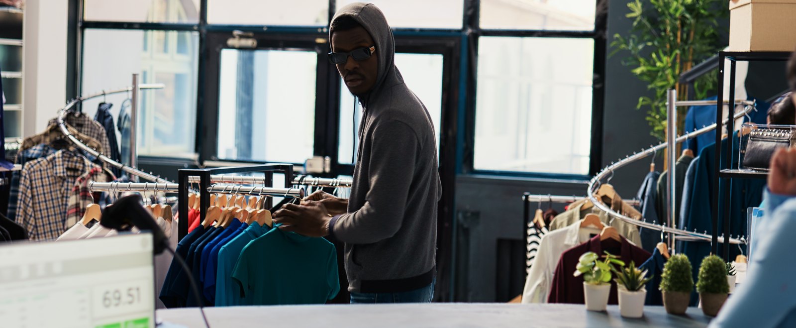 A person in a hooded top taking an item in a clothing store, a shoplifting theft