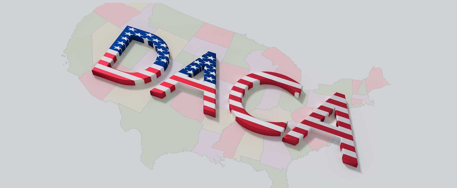The word DACA in United States flag colors over a map of the country